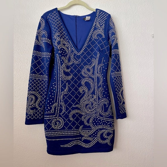 Va Va Voom Royal Blue Beaded Long Sleeve Body Con Medium Mini Dress Brand New - Picture 1 of 10